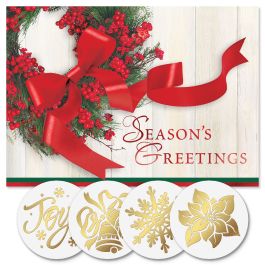 Wreath & Ribbon Foil Christmas Cards - Nonpersonalized