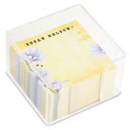 Custom yellow and purple note sheets in a cube