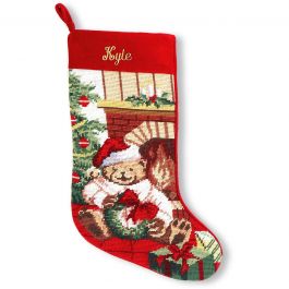 Pretty Handmade Needlepoint Christmas Stocking Busy Santa Clause TeddyBear Gifts 