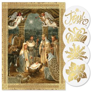 Golden Nativity Foil Christmas Cards