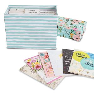 Floral Stripe Greeting Card Organizer Box with Cards and Labels