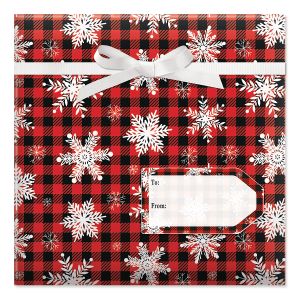 Snowflakes on Plaid Jumbo Rolled Gift Wrap and Labels