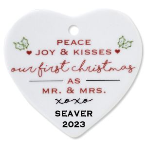 Custom Peace, Joy & Kisses Heart Wedding Christmas Ornament