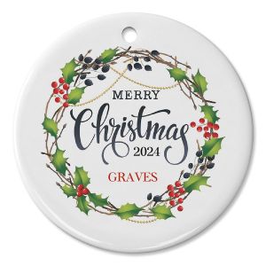 Custom Merry Christmas Berry Wreath Ornament