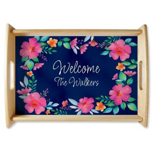 Custom Floral Family Name Natural Wood Serving Tray