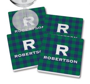 Custom Blue-Green Buffalo Plaid Coasters with wine glass