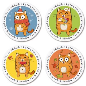 Cartoon Cat Round Return Address Labels (4 Designs)