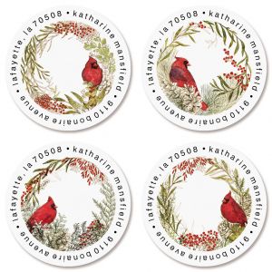 Winter Cardinals Round Return Address Labels (4 Designs) 