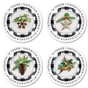 Gingham Christmas Round Return Address Labels (4 Designs)
