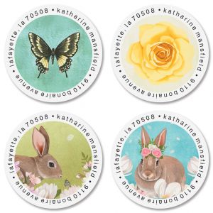 Bunnies & Butterflies Round Return Address Labels (4 Designs)