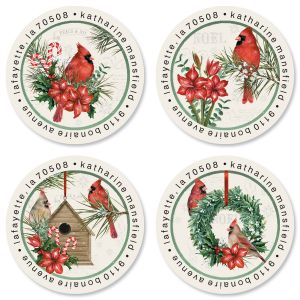 Cardinal Holiday Greeting Round Return Address Labels (4 Designs)