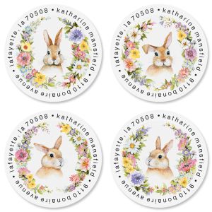Spring Floral Bunny Round Return Address Labels (4 Designs)