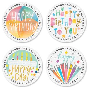 Birthday Cheers Round Return Address Labels (4 Designs)