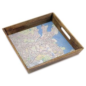 Classic Map Personalized Serving Tray in Burnt Wood