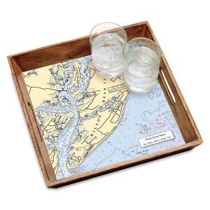 Nautical Chart Personalized Serving Tray in Burnt Wood