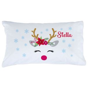 Personalized Christmas Girl Reindeer Pillowcase