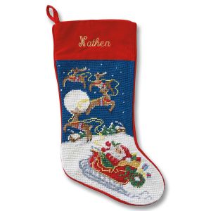Sleigh & Reindeer Heirloom Needlepoint Custom Christmas Stocking