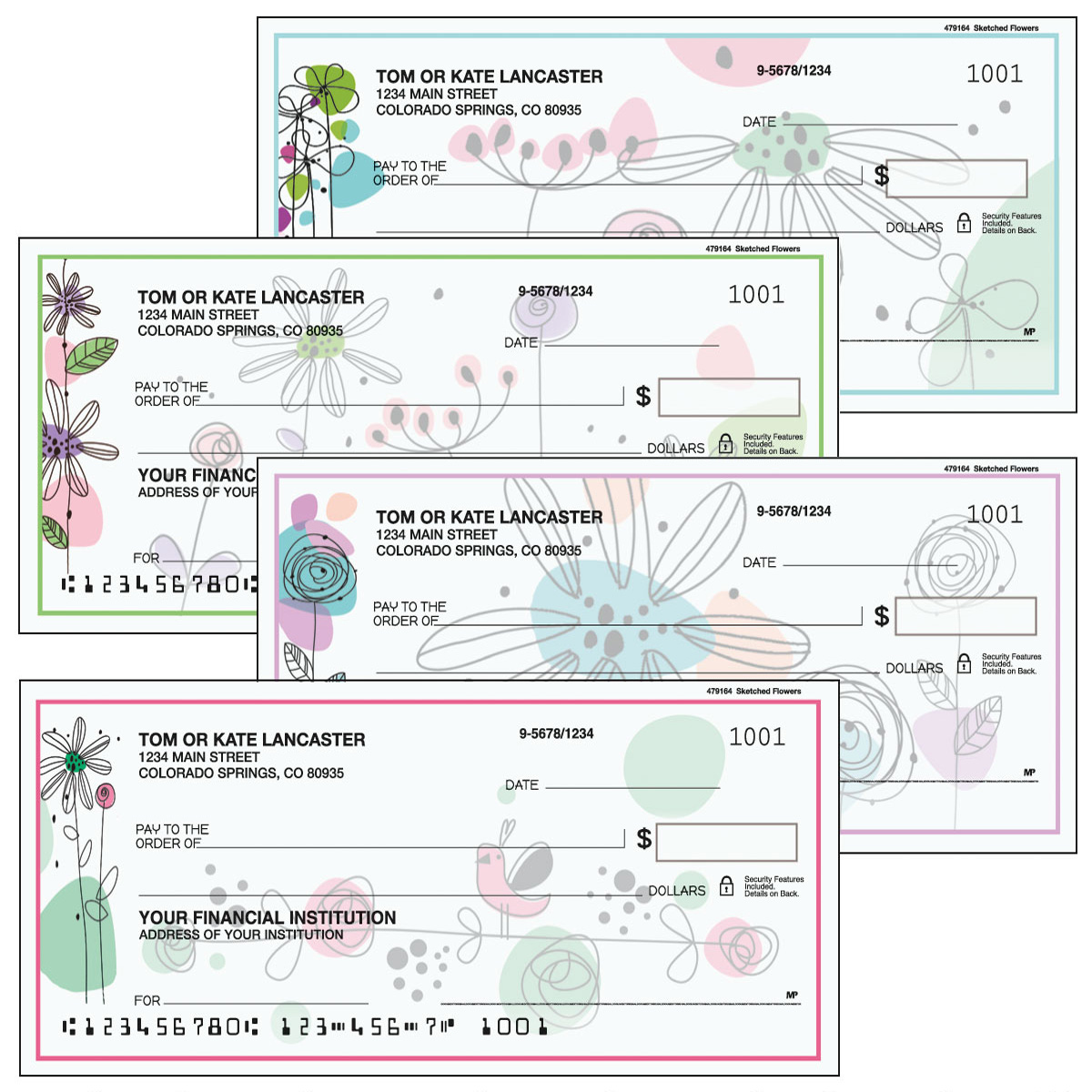 Sketched Flowers Personal Checks | Colorful Images