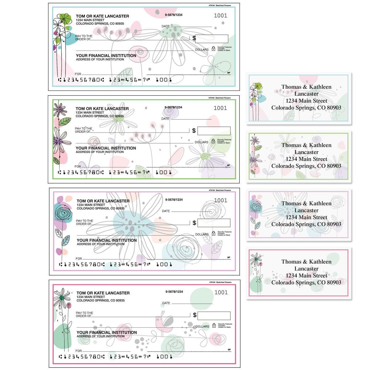 Sketched Flowers Personal Single Checks with Matching Address Labels