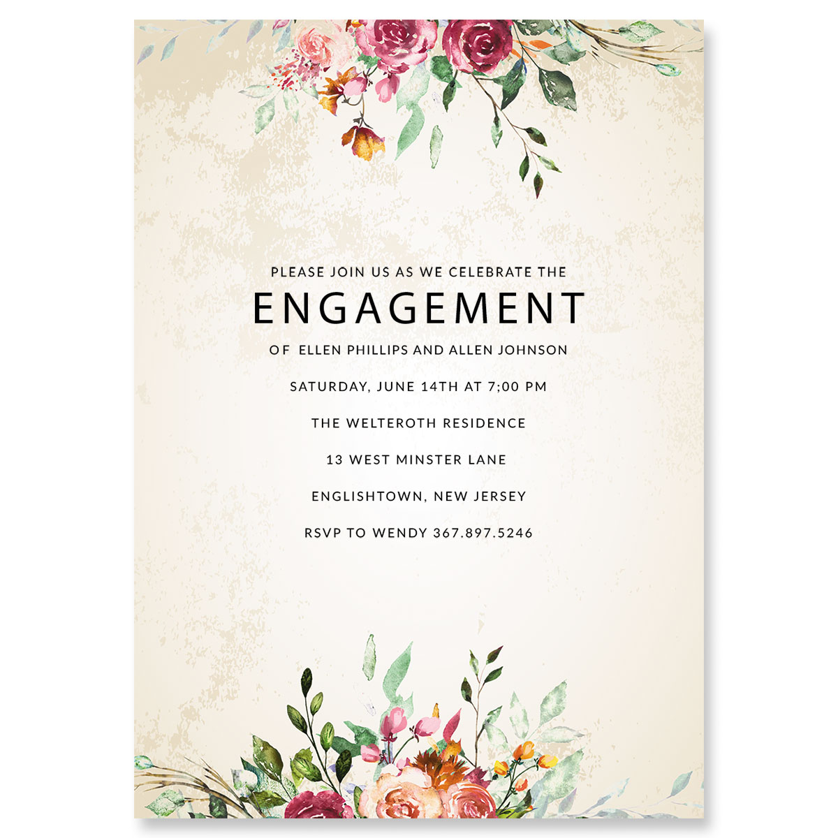 Custom Fresco Floral Engagement Invitation - Heavy Weight Stock