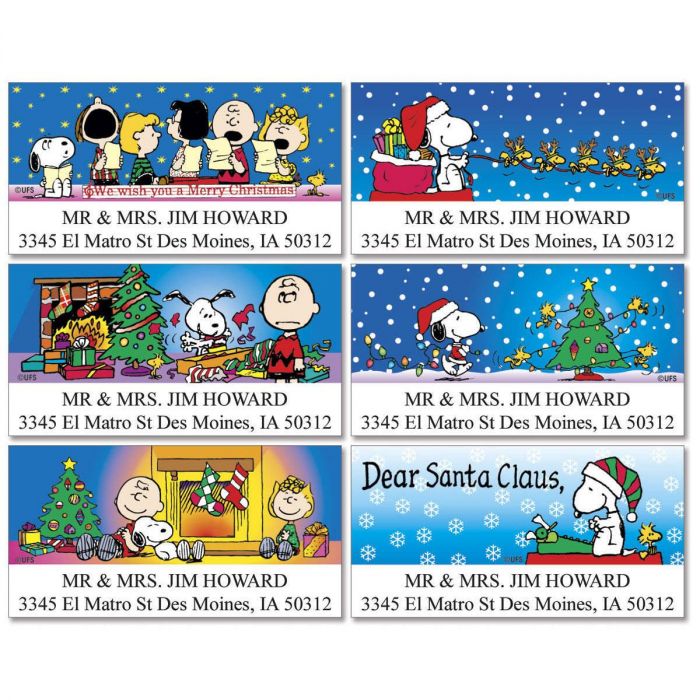 PEANUTS Christmas Fun Deluxe Return Address Labels Colorful Images