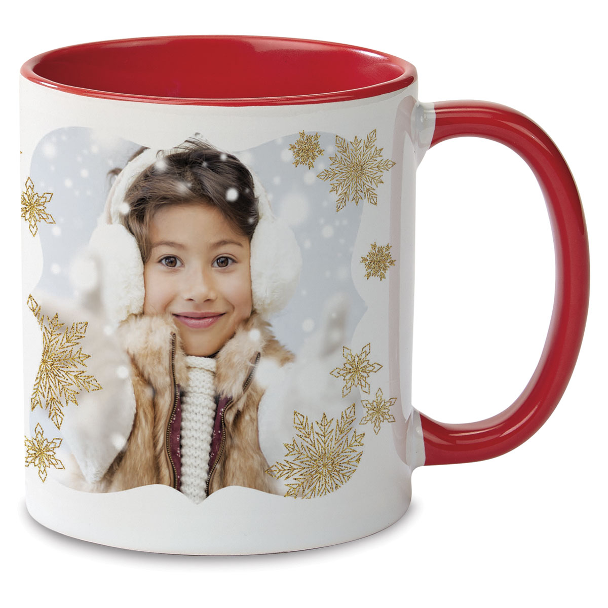 Snowflake Ceramic Photo Mug - Red Handle