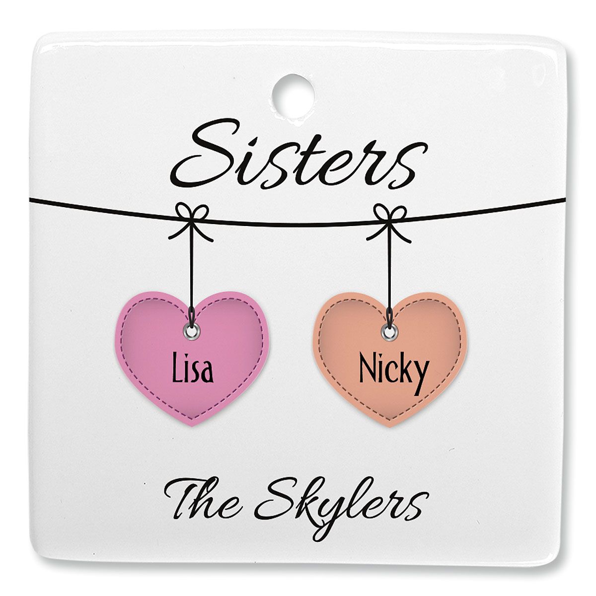 Sister Hearts Personalized Ornament Square Two Names