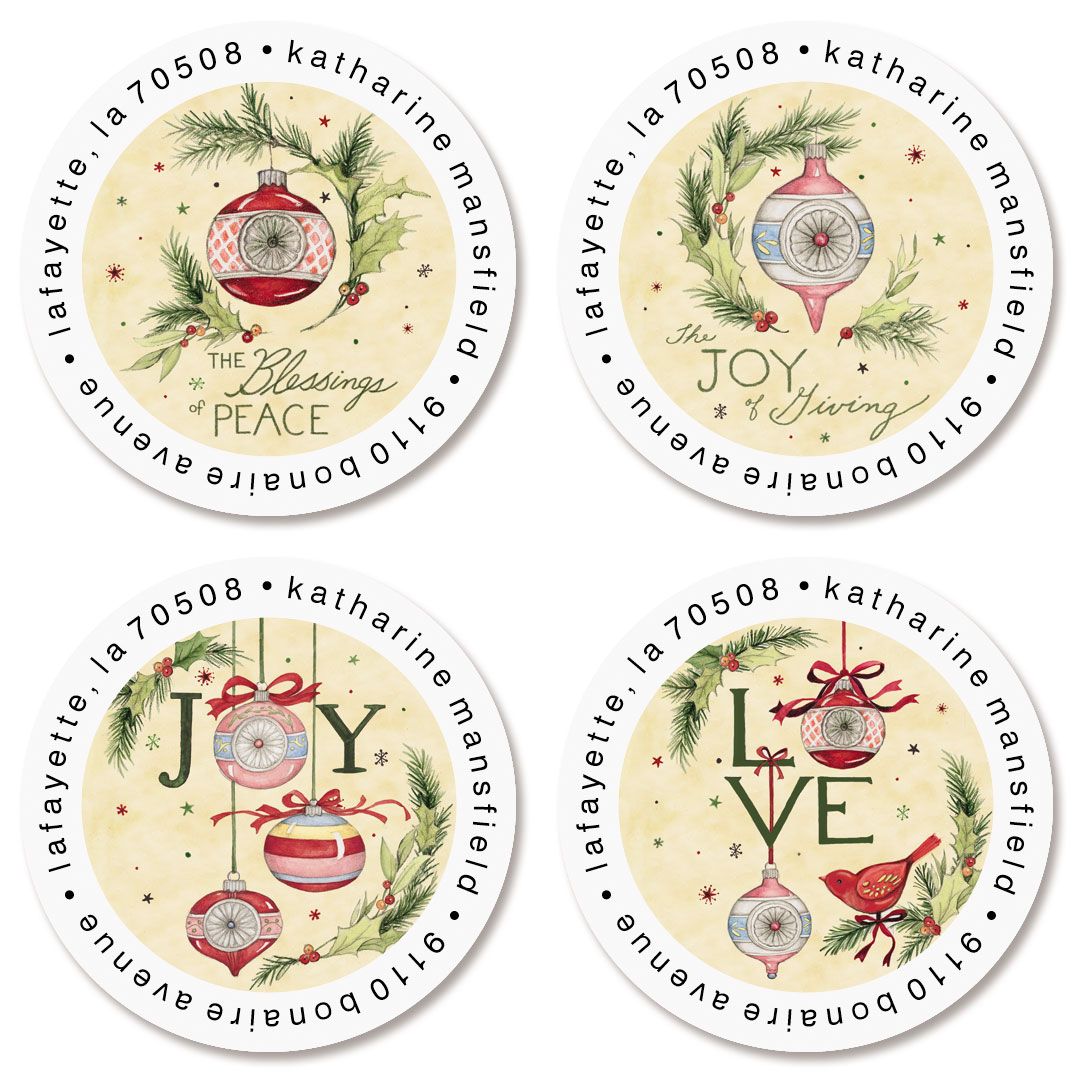 Vintage Ornaments Round Return Address Labels (4 Designs)