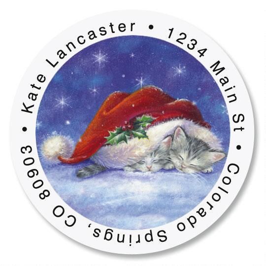 Santa Hat Snuggles Round Return Address Labels
