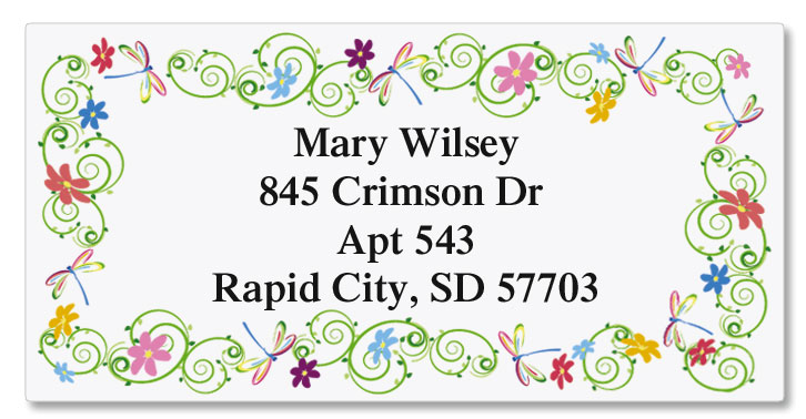 Dragonflies & Flowers Border Return Address Labels | Colorful Images