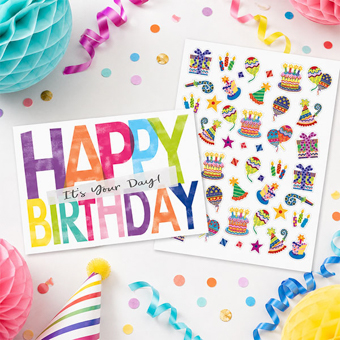 Birthday cards and party-themed stickers